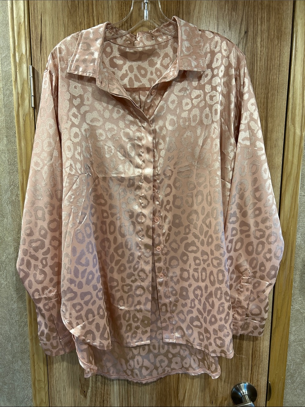 Satin Leopard Button-Up Blouse in Blush Pink
